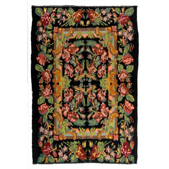 Bessarabian Vintage Hand-Woven Moldovian Wool Kilim, Unique Floral Pattern 50 years old Kilim Rug. 6.6 x 9.7 Ft (201 x 293 cm)