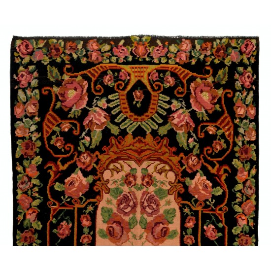 Bessarabian Hand-Woven Floral Pattern Moldovian Kilim, One-of-a-Kind 100% Sheep Wool Vintage Rug. 6.7 x 11 Ft (203 x 333 cm)