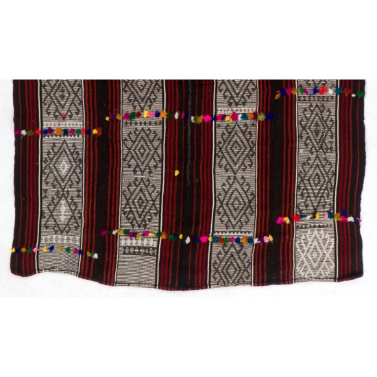 Vintage Handwoven Turkish Kilim with with Colorful Pomps, Authentic Flat-Weave Floor Covering. 6.7 x 7.9 Ft (204 x 240 cm)