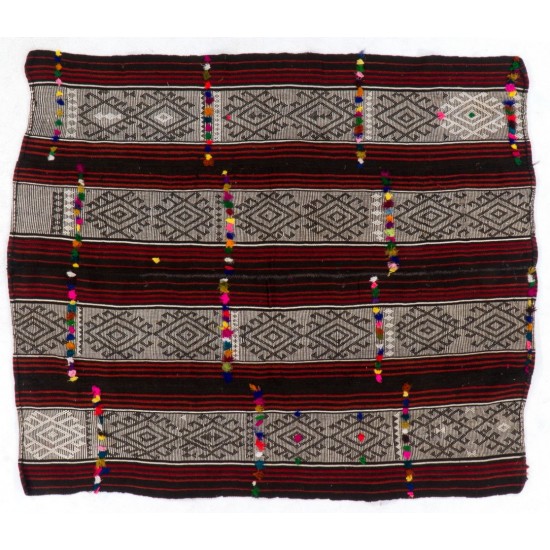 Vintage Handwoven Turkish Kilim with with Colorful Pomps, Authentic Flat-Weave Floor Covering. 6.7 x 7.9 Ft (204 x 240 cm)