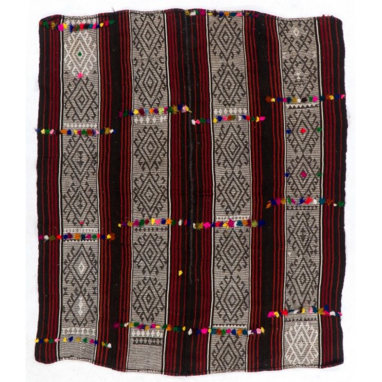 Vintage Handwoven Turkish Kilim with with Colorful Pomps, Authentic Flat-Weave Floor Covering. 6.7 x 7.9 Ft (204 x 240 cm)