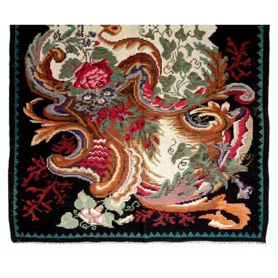 Decorative Bessarabian Hand-Woven Floral Pattern Moldovian Kilim, One-of-a-Kind Vintage Wool Rug. 6.9 x 11.5 Ft (210 x 350 cm)