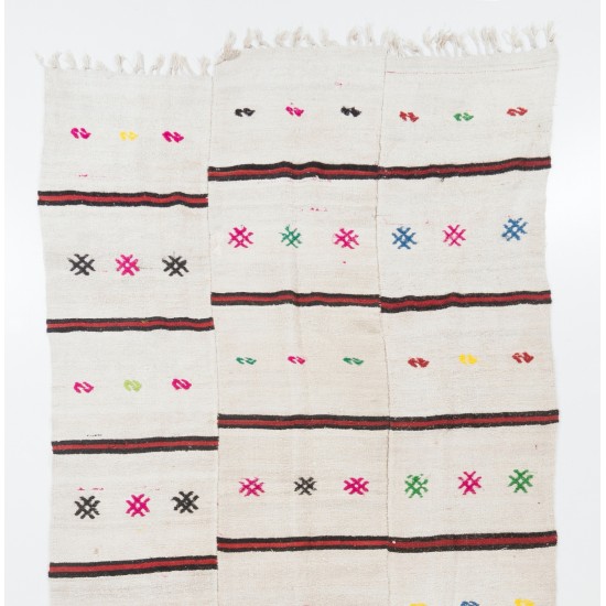 Handmade Turkish Kilim with Pink Green Orange Blue Embroidery, Colorful Striped Rug. 6.9 x 14.2 Ft (210 x 430 cm)