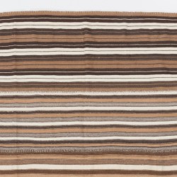 Striped Vintage Hand-Woven Kilim Made of Natural Ivory, Brown and Gray Wool. 7 x 8.3 Ft (215 x 250 cm)