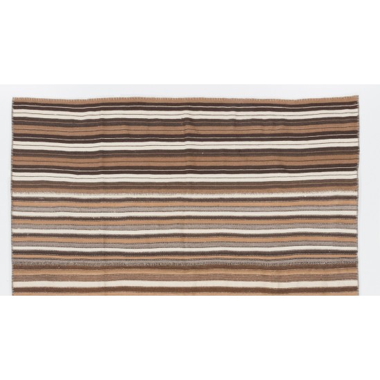 Striped Vintage Hand-Woven Kilim Made of Natural Ivory, Brown and Gray Wool. 7 x 8.3 Ft (215 x 250 cm)