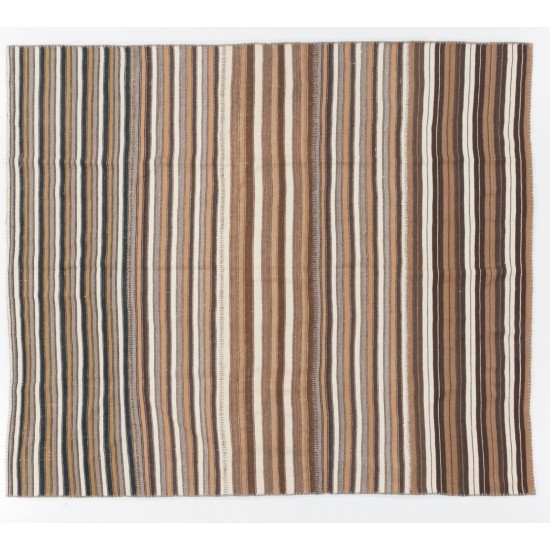 Striped Vintage Hand-Woven Kilim Made of Natural Ivory, Brown and Gray Wool. 7 x 8.3 Ft (215 x 250 cm)