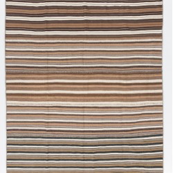 Striped Vintage Hand-Woven Kilim Made of Natural Ivory, Brown and Gray Wool. 7 x 8.3 Ft (215 x 250 cm)