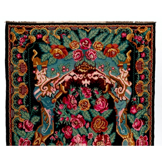 Decorative Bessarabian Hand-Woven Floral Pattern Moldovian Kilim, One-of-a-Kind Vintage Wool Rug. 7.2 x 11.5 Ft (217 x 350 cm)