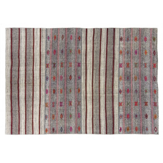 Authentic Vintage Handmade Striped Cotton and Goat Hair Kilim with Colorful Embroidery. 7.9 x 11.2 Ft (240 x 340 cm)