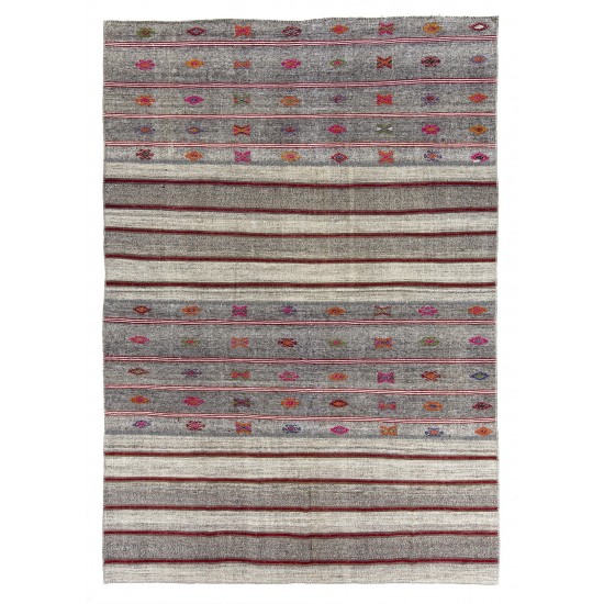 Authentic Vintage Handmade Striped Cotton and Goat Hair Kilim with Colorful Embroidery. 7.9 x 11.2 Ft (240 x 340 cm)