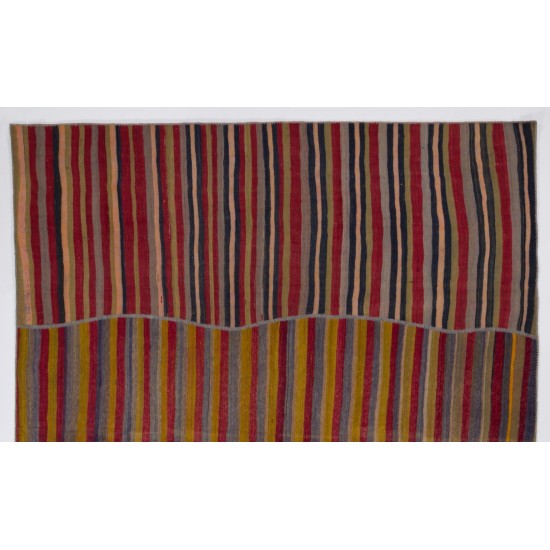 Large Vintage Nomadic Turkish Kilim "Flat-Weave", Striped Handmade Wool Rug (Reversible). 9.9 x 12 Ft (300 x 367 cm)
