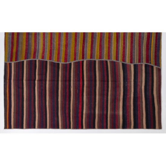 Large Vintage Nomadic Turkish Kilim "Flat-Weave", Striped Handmade Wool Rug (Reversible). 9.9 x 12 Ft (300 x 367 cm)