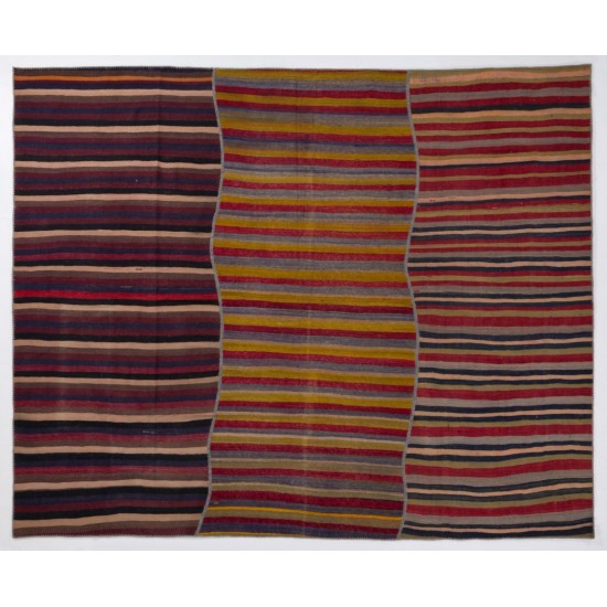Large Vintage Nomadic Turkish Kilim "Flat-Weave", Striped Handmade Wool Rug (Reversible). 9.9 x 12 Ft (300 x 367 cm)