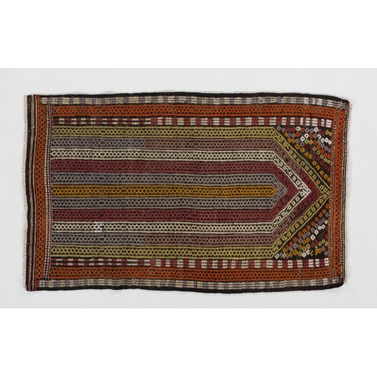 Multicolored Turkish Jajim Kilim, Vintage Flat Weave Floor Covering Made of Wool. 2.3 x 3.7 Ft (68 x 110 cm)