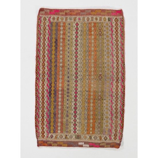Multicolored Turkish Jajim Kilim, Vintage Flat Weave Floor Covering Made of Wool. 2.7 x 4 Ft (80 x 124 cm)