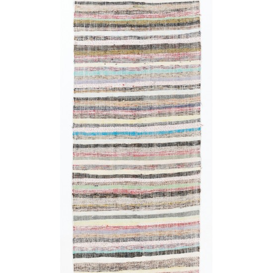 Narrow and Long Vintage Turkish Striped Cotton Runner Kilim "Flat-Weave" for Hallway Decor. 3.2 x 19 Ft (96 x 580 cm)