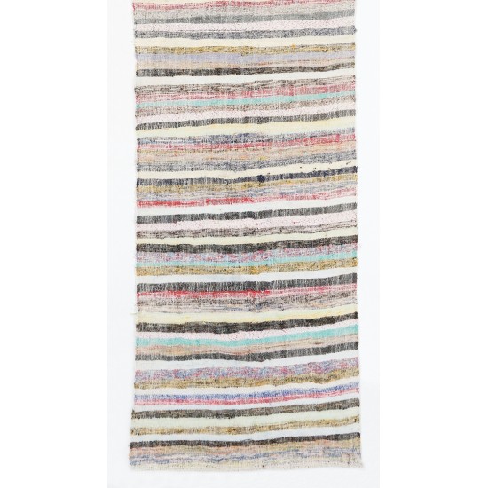 Narrow and Long Vintage Turkish Striped Cotton Runner Kilim "Flat-Weave" for Hallway Decor. 3.2 x 19 Ft (96 x 580 cm)
