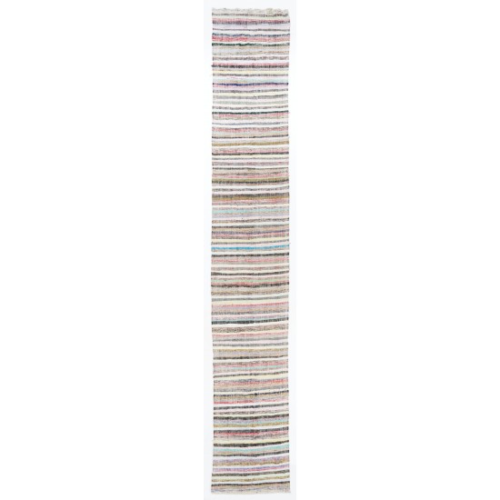 Narrow and Long Vintage Turkish Striped Cotton Runner Kilim "Flat-Weave" for Hallway Decor. 3.2 x 19 Ft (96 x 580 cm)