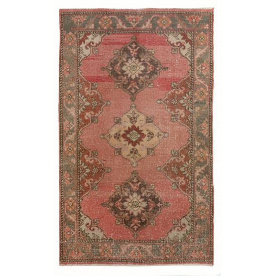 One of a Kind Wool and Cotton Rug, Vintage Handmade Turkish Carpet. 3.4 x 5.6 Ft (103 x 170 cm)