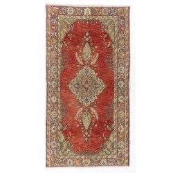 Vintage Oriental Rug, Hand-Knotted Turkish Village Carpet. 3.4 x 6.5 Ft (103 x 196 cm)