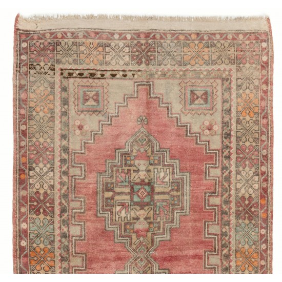Traditional Hand-Knotted Turkish Village Rug Made of Wool. 3.5 x 6.2 Ft (104 x 187 cm)
