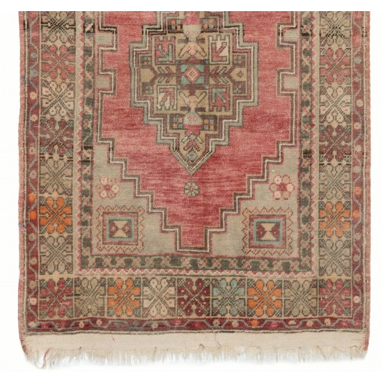 Traditional Hand-Knotted Turkish Village Rug Made of Wool. 3.5 x 6.2 Ft (104 x 187 cm)