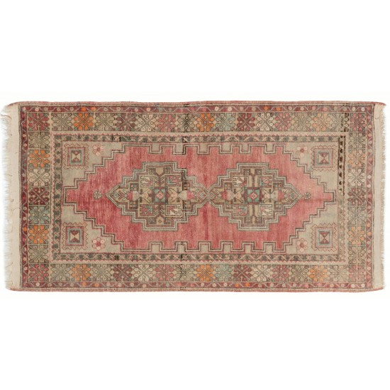 Traditional Hand-Knotted Turkish Village Rug Made of Wool. 3.5 x 6.2 Ft (104 x 187 cm)