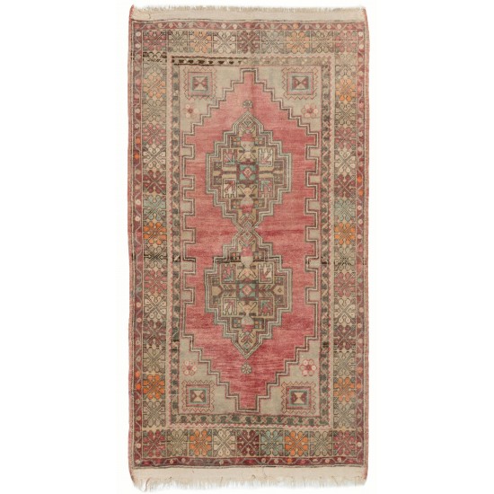 Traditional Hand-Knotted Turkish Village Rug Made of Wool. 3.5 x 6.2 Ft (104 x 187 cm)