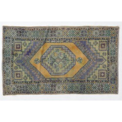 Handmade Vintage Turkish Accent Rug in Rust, Violet Blue, Mint Green and Eggplant Colors. 3.6 x 6 Ft (109 x 184 cm)