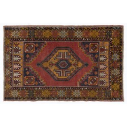Multicolor Oriental Wool Rug from 1960's, Hand-Knotted Turkish Village Carpet. 3.8 x 5.8 Ft (114 x 175 cm)