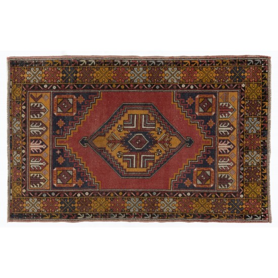 Multicolor Oriental Wool Rug from 1960's, Hand-Knotted Turkish Village Carpet. 3.8 x 5.8 Ft (114 x 175 cm)