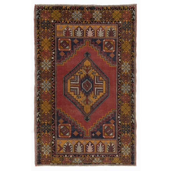 Multicolor Oriental Wool Rug from 1960's, Hand-Knotted Turkish Village Carpet. 3.8 x 5.8 Ft (114 x 175 cm)