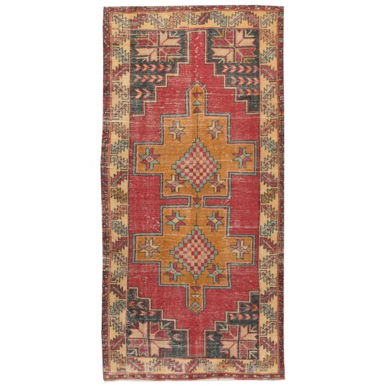 Turkish Runner Rug, Authentic Vintage Handmade Hallway Runner. 3.8 x 8 Ft (114 x 242 cm)