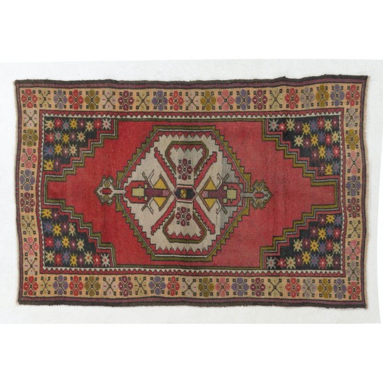 One-of-a-Kind Vintage Handmade Turkish Village Accent Rug, Circa 1960. 3.8 x 6 Ft (115 x 181 cm)