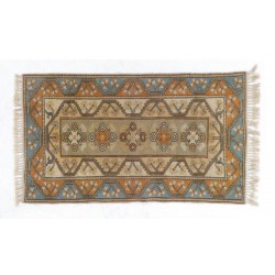 Vintage Handmade Turkish Milas Wool Rug in Beige, Blue and Orange Color. 3.9 x 6.7 Ft (117 x 202 cm)
