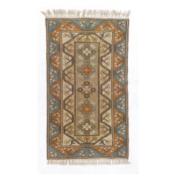 Vintage Handmade Turkish Milas Wool Rug in Beige, Blue and Orange Color. 3.9 x 6.7 Ft (117 x 202 cm)