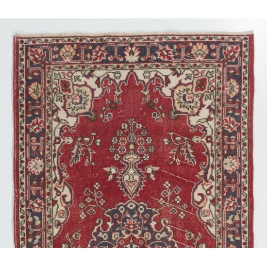 One-of-a-Kind 1960s Handmade Turkish Rug in Red, Dark Blue, Brown and Ivory Color. 4 x 7 Ft (120 x 215 cm)