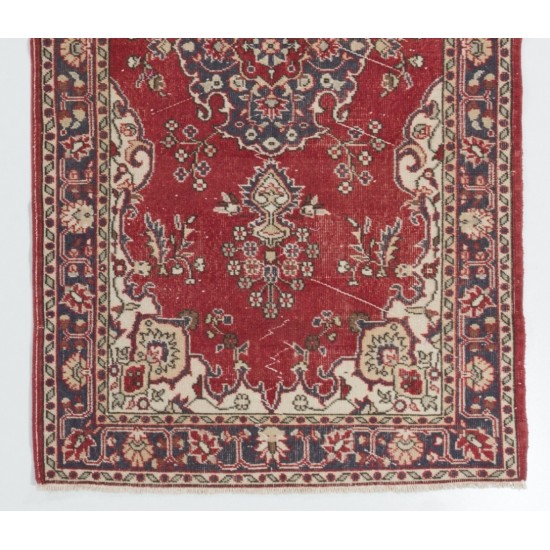 One-of-a-Kind 1960s Handmade Turkish Rug in Red, Dark Blue, Brown and Ivory Color. 4 x 7 Ft (120 x 215 cm)