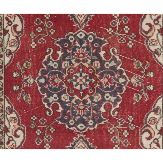 One-of-a-Kind 1960s Handmade Turkish Rug in Red, Dark Blue, Brown and Ivory Color. 4 x 7 Ft (120 x 215 cm)