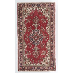 One-of-a-Kind 1960s Handmade Turkish Rug in Red, Dark Blue, Brown and Ivory Color. 4 x 7 Ft (120 x 215 cm)