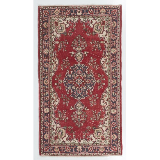 One-of-a-Kind 1960s Handmade Turkish Rug in Red, Dark Blue, Brown and Ivory Color. 4 x 7 Ft (120 x 215 cm)