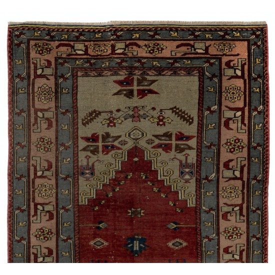 Unique Mid-Century Handmade Turkish Village Rug for Traditional Interiors. 4.2 x 7.8 Ft (126 x 236 cm)