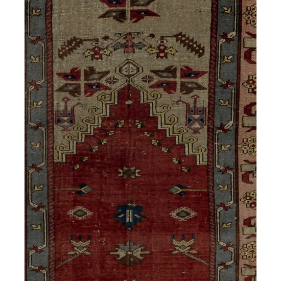 Unique Mid-Century Handmade Turkish Village Rug for Traditional Interiors. 4.2 x 7.8 Ft (126 x 236 cm)
