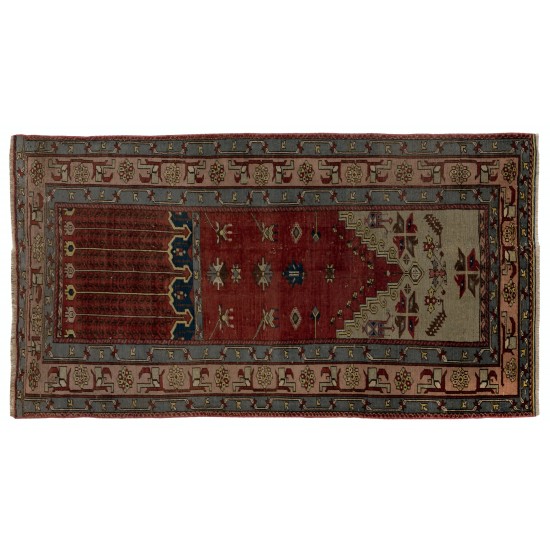 Unique Mid-Century Handmade Turkish Village Rug for Traditional Interiors. 4.2 x 7.8 Ft (126 x 236 cm)