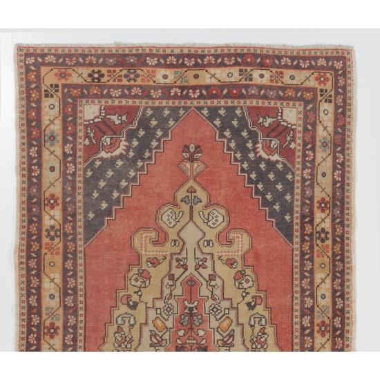 One-of-a-Kind Traditional Handmade Turkish Rug, Mid-Century Oriental Wool Carpet. 4.3 x 7.6 Ft (130 x 229 cm)