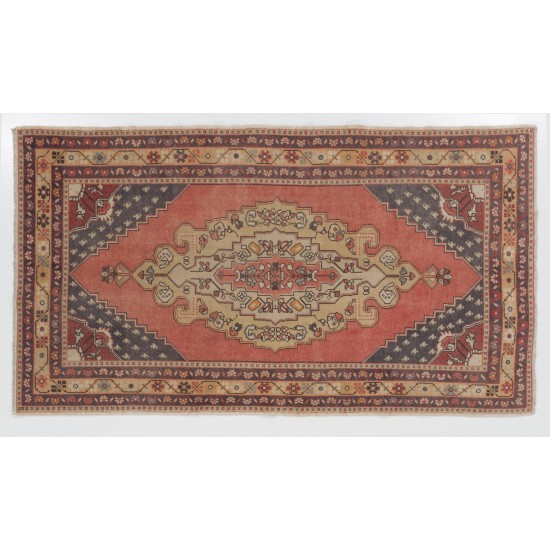 One-of-a-Kind Traditional Handmade Turkish Rug, Mid-Century Oriental Wool Carpet. 4.3 x 7.6 Ft (130 x 229 cm)