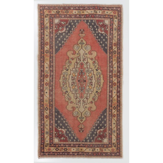 One-of-a-Kind Traditional Handmade Turkish Rug, Mid-Century Oriental Wool Carpet. 4.3 x 7.6 Ft (130 x 229 cm)