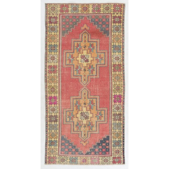 Traditional Handmade Turkish Rug, Unique Vintage Wool Carpet. 4.3 x 8.7 Ft (130 x 263 cm)