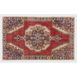 Oriental Carpet from 1960's, Handmade Turkish Rug in Red, Brown and Blue Colors. 4.4 x 7.2 Ft (133 x 218 cm)