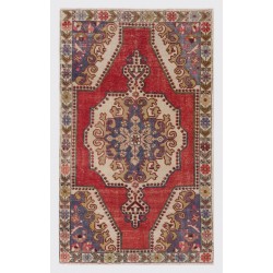 Oriental Carpet from 1960's, Handmade Turkish Rug in Red, Brown and Blue Colors. 4.4 x 7.2 Ft (133 x 218 cm)